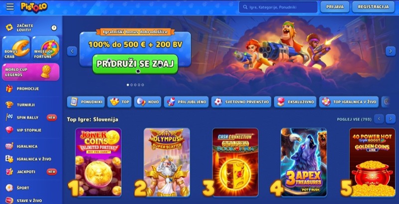 Posnetek zaslona Pistolo casino vmesnika